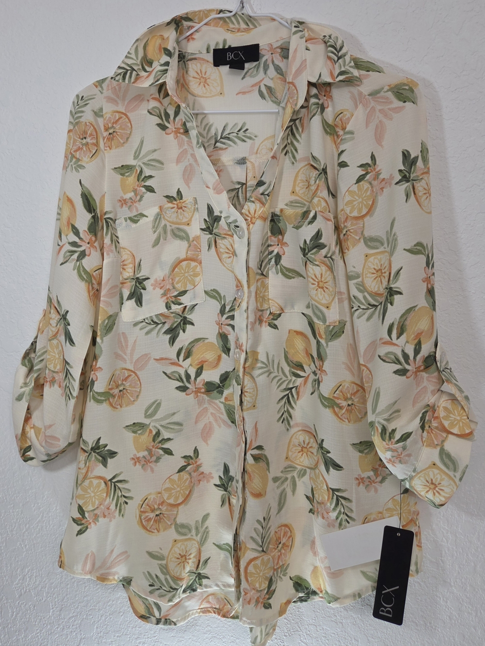 BCX Cream Citrus-Print Button Down Shirt